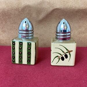 Petite Hand Painted Glass Salt and Pepper Shakers Olive Branch Design